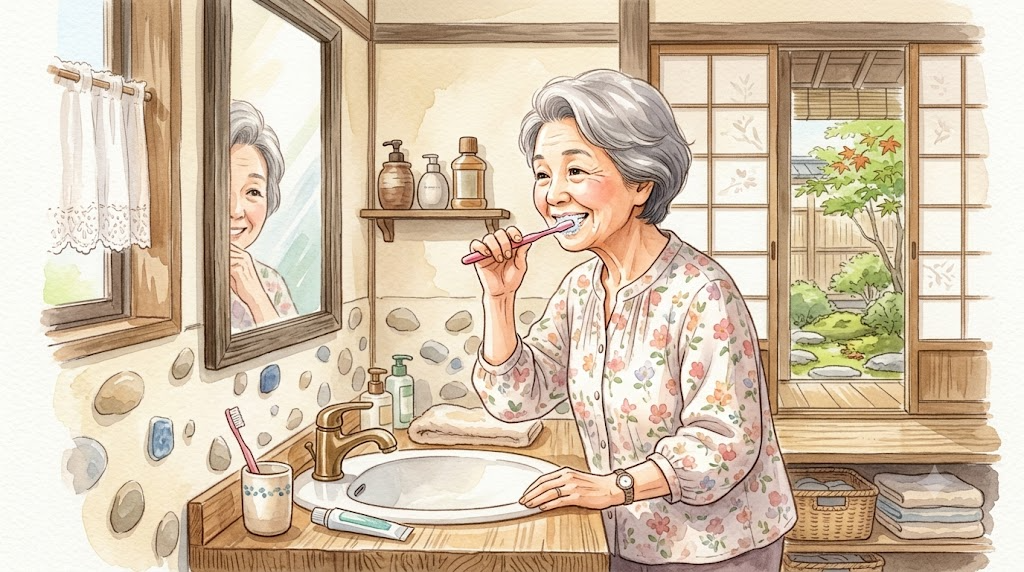 洗面所で歯みがき(お口のケア)をする高齢の女性のイラスト