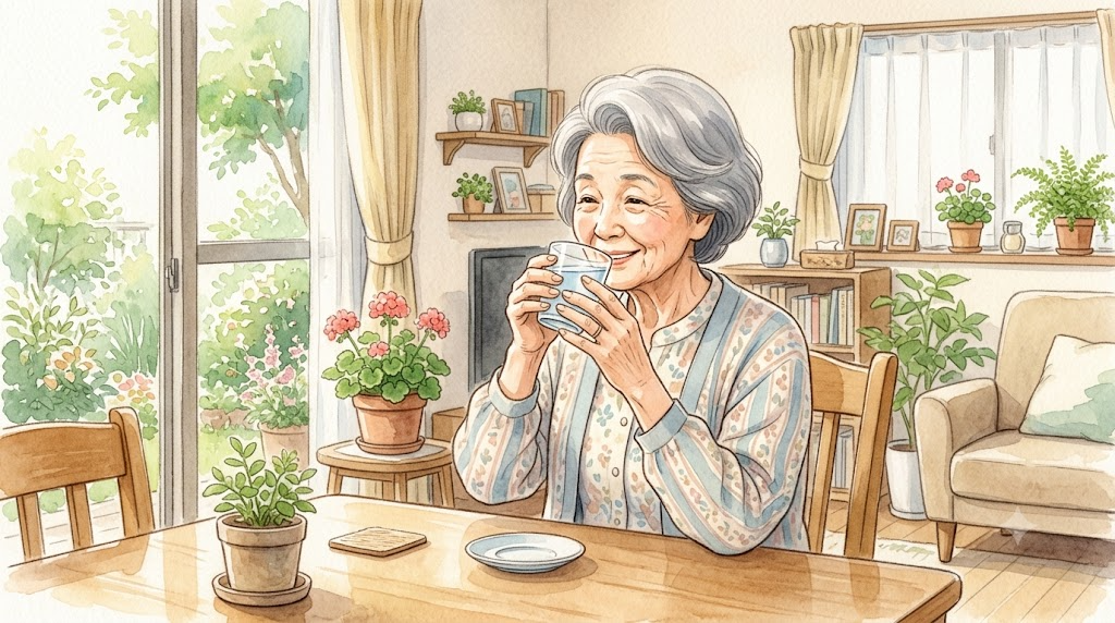 自宅の明るいリビングでコップの水を飲む高齢の女性（水分補給のイメージ）