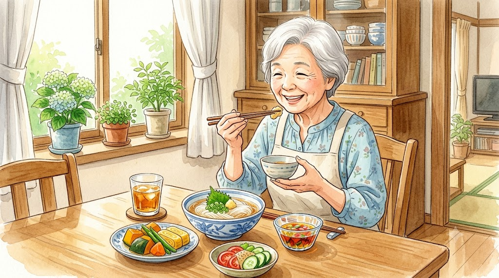 食卓でそうめんや冷やしたおかずなど、さっぱりとした夏の食事をおいしそうに食べる高齢の女性のイラスト