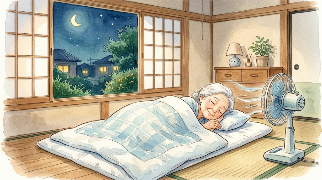 夏の夜、涼しい寝室のふとんで扇風機のそばで穏やかに眠る高齢の女性のイラスト