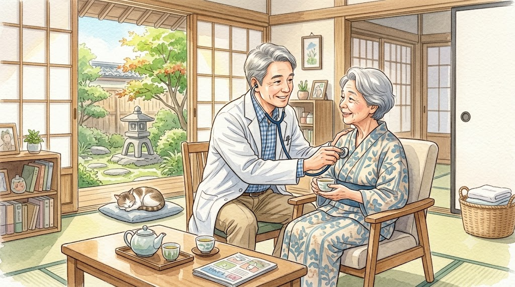 自宅の居間で、聴診器を持った訪問診療の医師が高齢の患者さんを診察している様子のイラスト