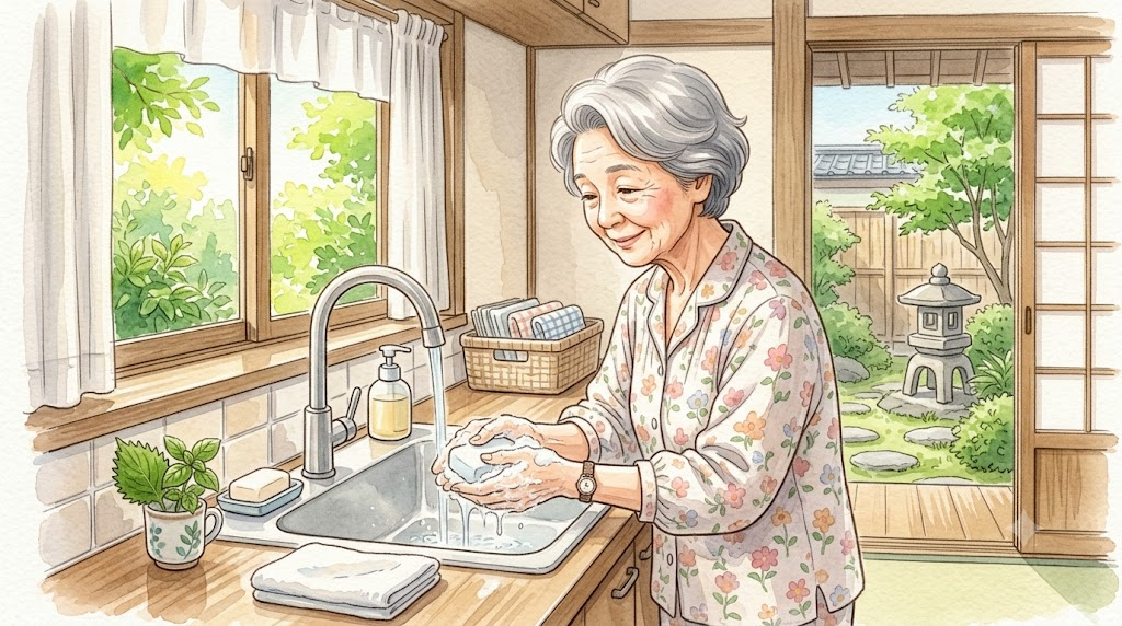 台所のシンクで石けんを使ってていねいに手を洗う高齢の女性のイラスト