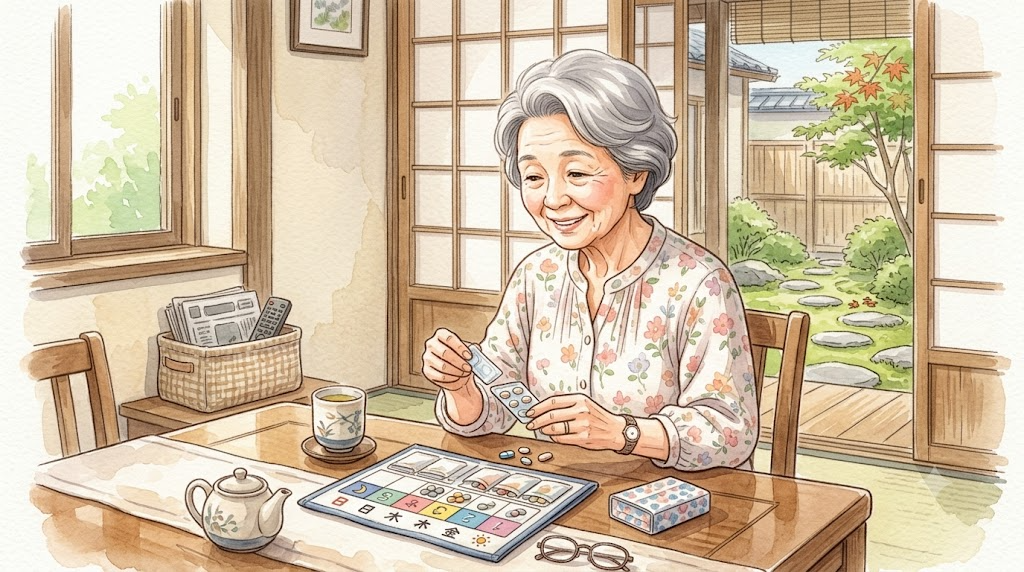 自宅のテーブルで、お薬カレンダーを見ながらその日のお薬を確認する高齢の女性のイラスト
