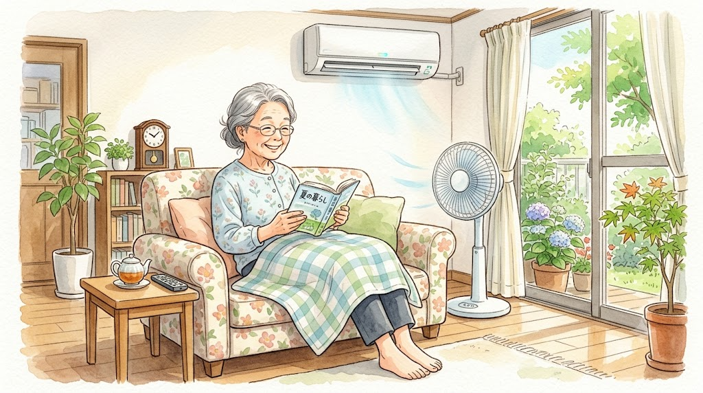 エアコンと扇風機のある涼しい居間で、ひざ掛けをして快適にくつろぐ高齢の女性のイラスト