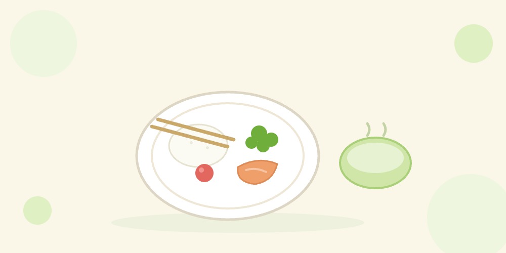 ごはん・野菜・魚・汁物をのせたバランスのよい食事のイラスト。