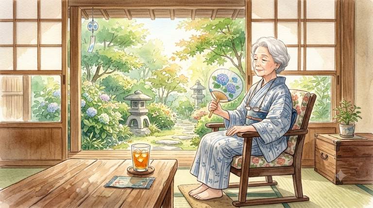 夏の午後、日本の家庭で高齢の女性がうちわであおぎながらひと休みしている水彩タッチのイラスト